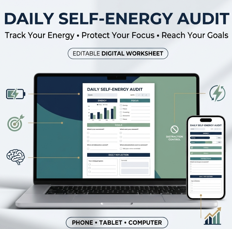 Daily Self-Energy Audit | Energy Tracker, Focus & Distraction Control Worksheet | Goal Alignment & Mind Clarity Digital Planner